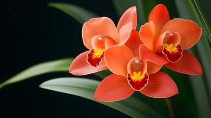 Fototapeta premium Exotic orchids, close-up view, rich tropical background, vibrant petals, detailed textures