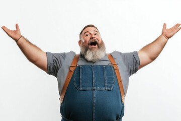 Excited Bearded Man in Overalls