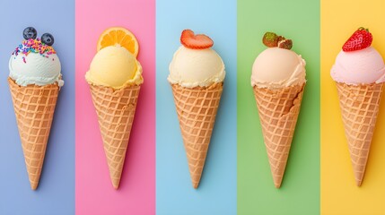 Ice cream cones in a rainbow of colors, each with unique toppings like fruit slices, nuts, and sprinkles, set in a vibrant, fun scene