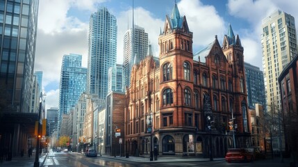Obraz premium A historic red-brick building amidst modern skyscrapers on a sunny day in a bustling downtown cityscape.