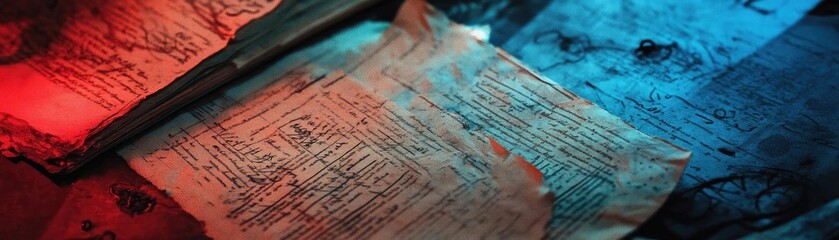 Naklejka premium A close-up image of aged, textured paper illuminated by red and blue light, featuring handwritten text and a vintage pen.