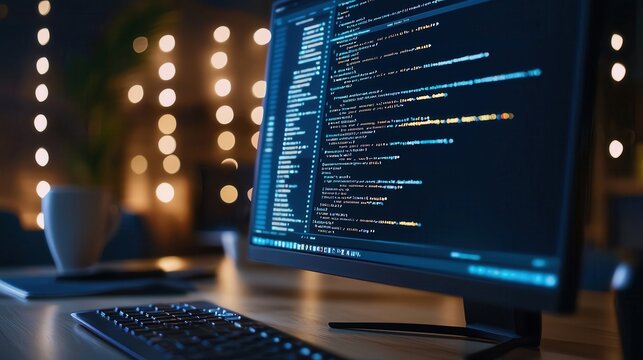 Front-End Development A computer screen showing lines of HTML and CSS code with a website taking shape in real-time.