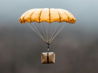 Package Drop via Drone A drone dropping a package attached to a parachute ensuring safe delivery to a remote location.