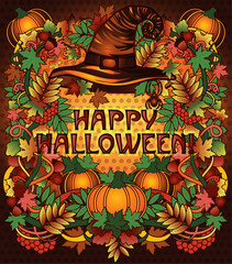 Happy Halloween card Witch Hat  in art nouveau style, vector illustration