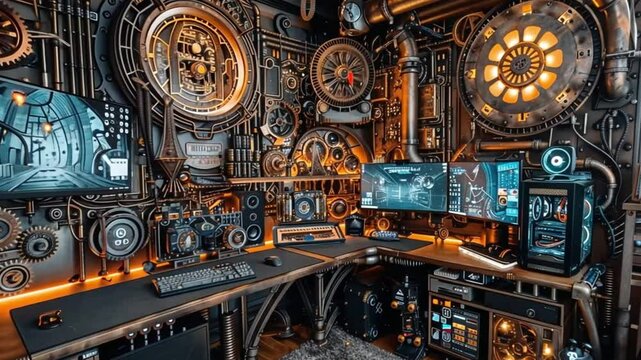 a magnificent computer room with a steampunk footage theme