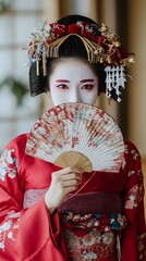 Geisha's Enigmatic Gaze: A portrait of a geisha in traditional red attire, her face partially concealed by an ornate fan, exuding an aura of mystery and allure. 
