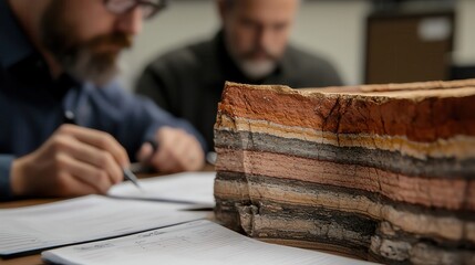 Rock Layer Analysis Geologists studying a cross-section of rock layers with notes and samples laid out on a table.