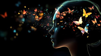 Head of beautiful young woman in darkened area surrounded by colorful glowing butterflies on black background