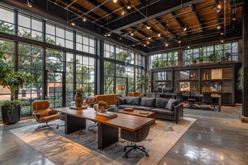 Fototapeta premium Modern office with high ceilings, black metal walls, glass windows, wooden desks, leather seating, grey sofa area, concrete flooring, plants, ambient lighting, and stylish furniture.