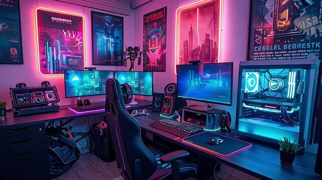gaming setup room with various monitor screens and LED footage lights