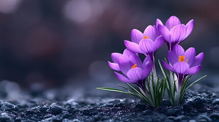 Purple Crocus Flowers on a Black Background 