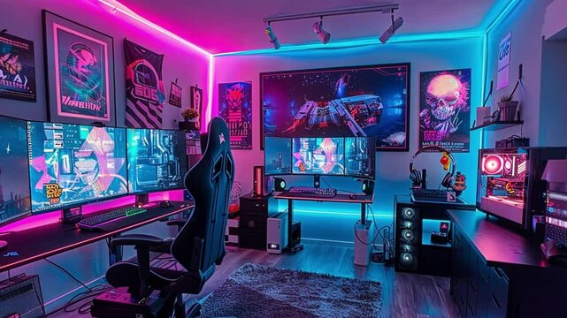 gaming setup room with various LED footage lights