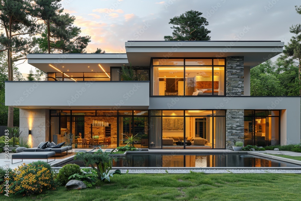 Wall mural A stunning two-story modern home with floor-to-ceiling windows, a pool, and a well-maintained garden at sunset.