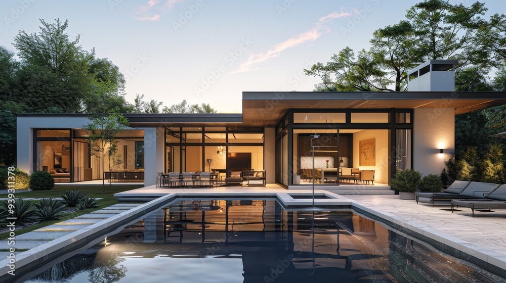 Sticker A sleek single-story contemporary house featuring extensive glass walls and a pool under twilight, symbolizing modern luxury living.