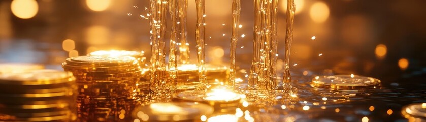 A stunning close-up of gold coins shimmering with droplets, evoking wealth and prosperity in an enchanting atmosphere.