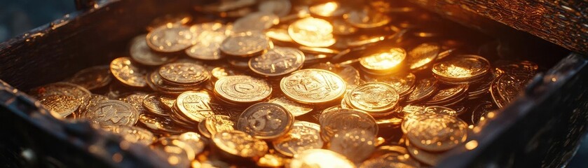 A treasure chest filled with shining gold coins, reflecting warm light, symbolizing wealth and abundance.