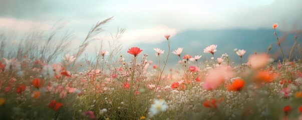 A vibrant field of wildflowers blooms under a soft sky, showcasing nature's beauty and tranquility in every delicate petal.