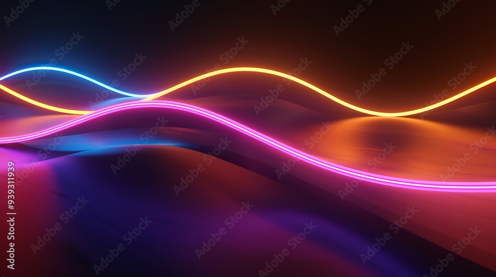 Wall mural 3d rendering of vibrant neon wavy lines glowing in the dark - abstract modern background with colorf