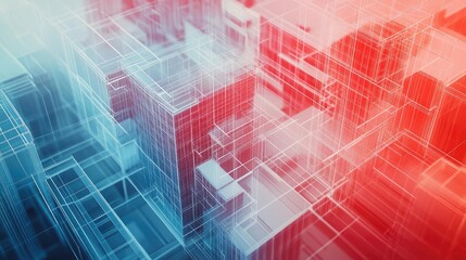 Obraz premium Abstract 3D illustration of transparent geometric shapes in red and blue tones, depicting futuristic urban architecture.