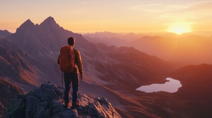 Fototapeta premium Concept of adventure and exploration, A man is standing on a mountain top with a backpack.