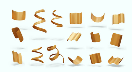 Collection of realistic confetti and streamers. Golden decorative elements