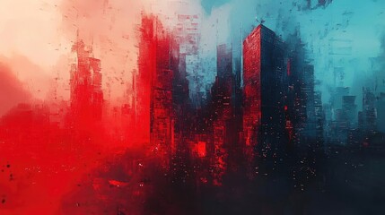 An abstract cityscape featuring bold red and blue hues, creating a dramatic and surreal urban atmosphere.