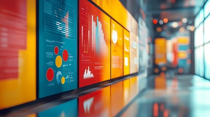 Digital marketing, sales funnels and conversion. Yellow and red wall with cabinets in the office hallway with marketing charts and tables