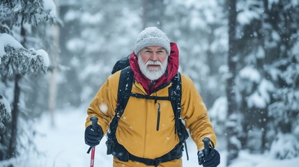Fototapeta premium Adventurous Senior Hiker in Snowy Forest