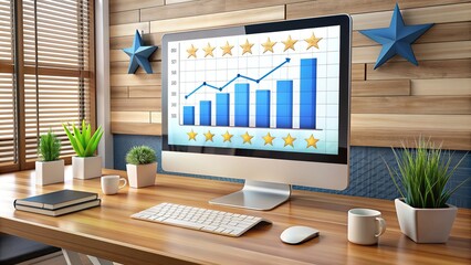 Sleek computer monitor displaying detailed customer review analytics and ratings on a modern graph, surrounded by corporate files and high-tech gadgets on a wooden desk.