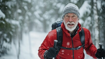 Fototapeta premium Adventurous Senior Hiker in Snowy Forest