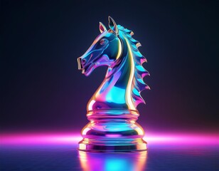 Chrome knight chess piece sits on a colorful stage
