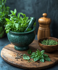 fresh mint in a mortar