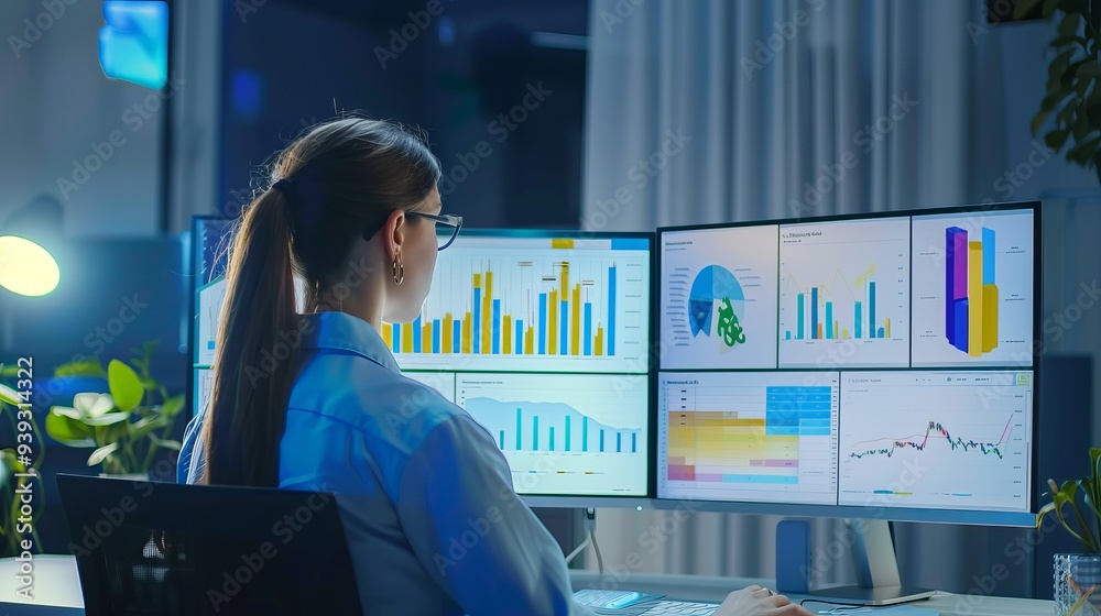 Poster business professional creating detailed presentation report on computer with graphs and slides, emph