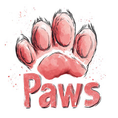 Hand-drawn 'Paws' text with a paw print artistic pet-themed design transparent background