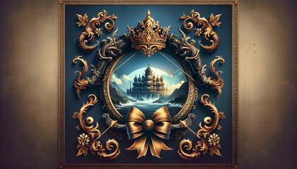 Ravanas Crown and Bow Frame concept as Vertical frame with Ravanas crown on the top left and a bow on the bottom right leaving ample copy space in the center with a royal and fierce Dussehra themed de