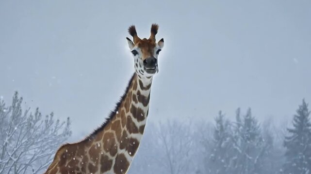 a giraffe in the snow with snowfall footage