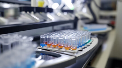 Laboratory test tubes filled with colorful solutions, high-tech scientific research.