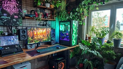 gaming setup with various greenery footage