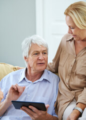 House, tablet or old couple with conversation, internet or retirement with planning, search for...