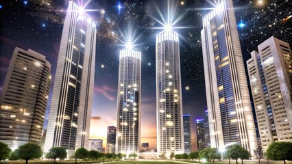 Fototapeta premium Illuminated Skyscrapers against a Starry Night Sky