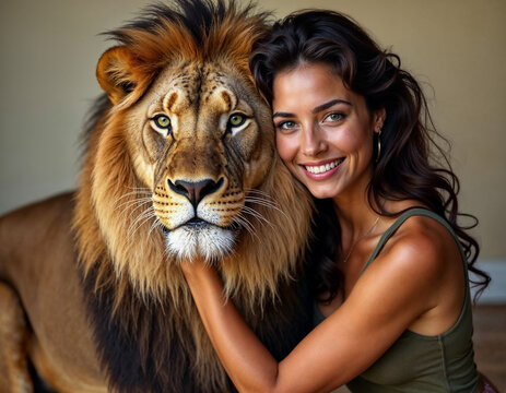 A smiling woman hugging a large lion