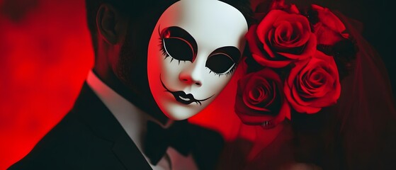 Mysterious Couple with Red Roses and Venetian Mask