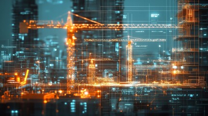 Fototapeta premium Abstract image of illuminated construction cranes and scaffolding in a modern cityscape, showcasing urban development at night.