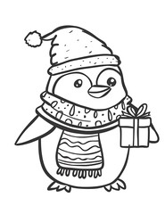 Christmas Penguin Wearing a Scarf and Hat, Penguin Coloring Page