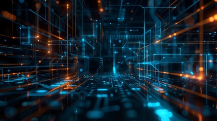 Abstract black background with dynamic blue lines and geometric shapes representing technological advancement, innovation, and futuristic design elements – perfect for modern tech concepts, digital in