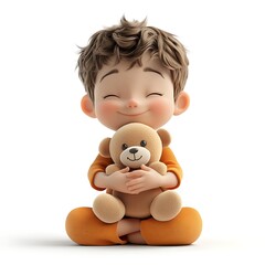 A cartoon child sitting cross-legged, holding a stuffed toy,
