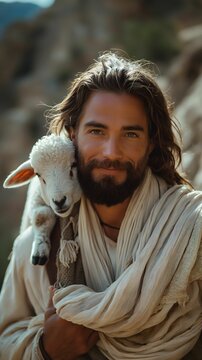 Biblical illustration, Jesus Carrying Lamb on His Shoulders