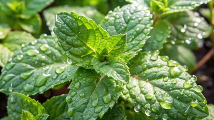 Dewy Green Mint Plant Leaves