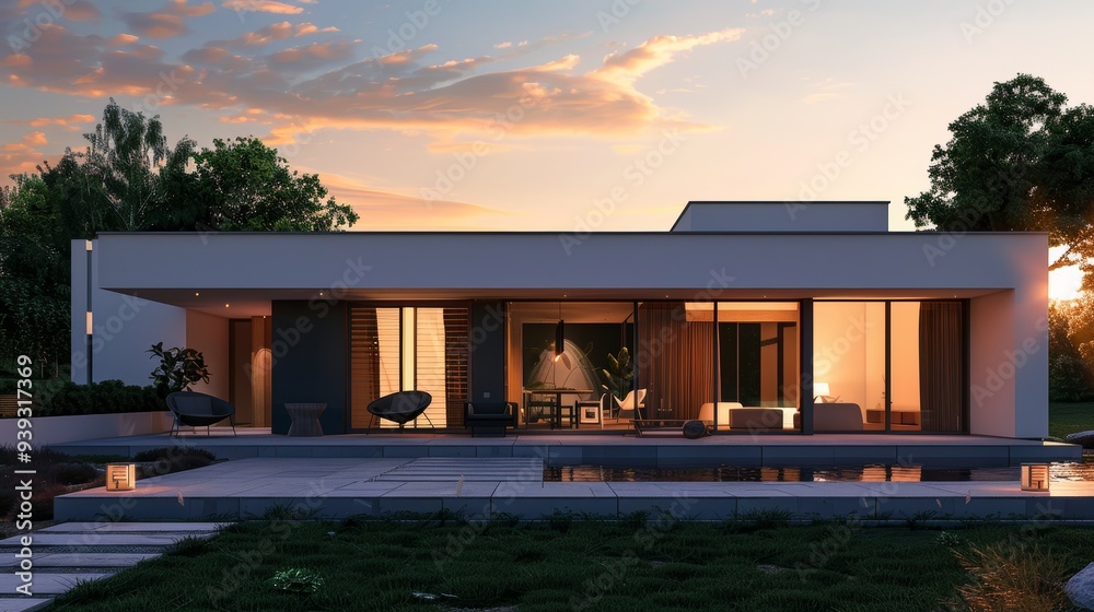 Sticker A modern, single-story home boasting extensive glass walls, a scenic sunset view, and a tranquil garden area to enhance a peaceful lifestyle.