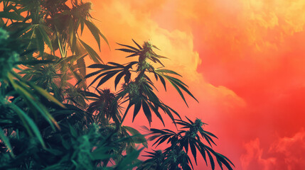 Naklejka premium Vibrant cannabis plant against a vivid sunset sky background.